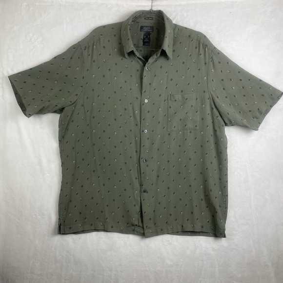 Crazy Horse A Claiborne Company 100% Silk Button Up Short Sleeve Shirt XL Olive - Picture 4 of 14